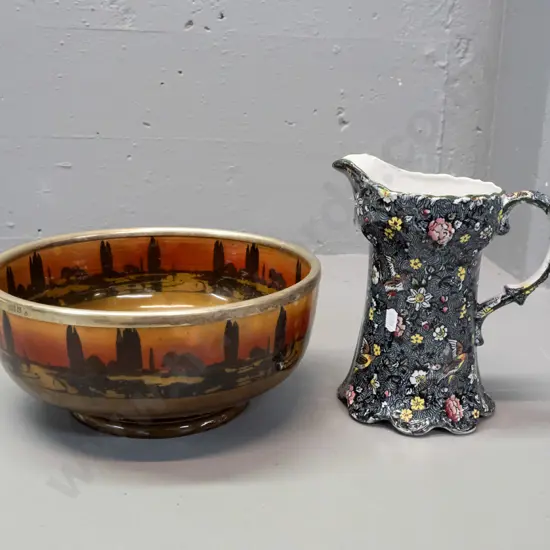 Royal Doulton sunset landscape pattern bowl with silver plated rim D-260 &  a Delton Ware Burslem AOF jug with green rim