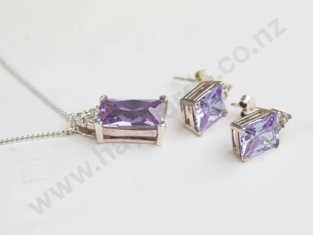 silver amethyst necklace & earrings all stamped 925 Image 1++