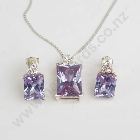 silver amethyst necklace & earrings all stamped 925
