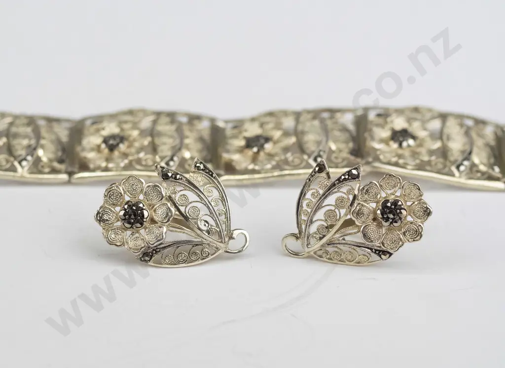 silver filagree flower bracelet & matching earrings [screw on] - stamped sterling German Image 1++