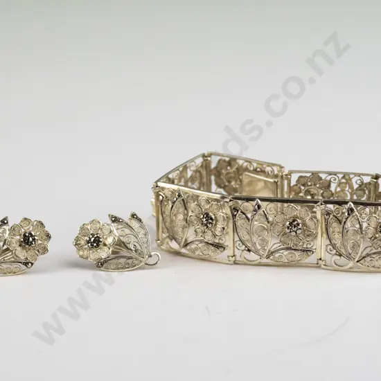 silver filagree flower bracelet & matching earrings [screw on] - stamped sterling German
