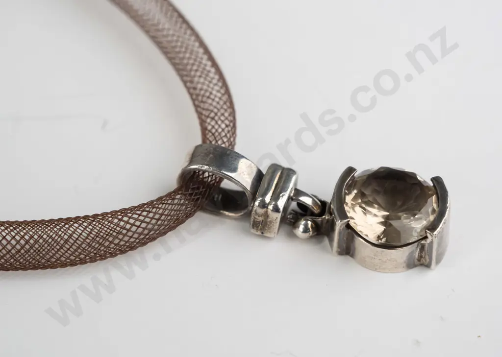 silver necklace with light amber coloured stone on mesh clasp stamped 925 Image 1++