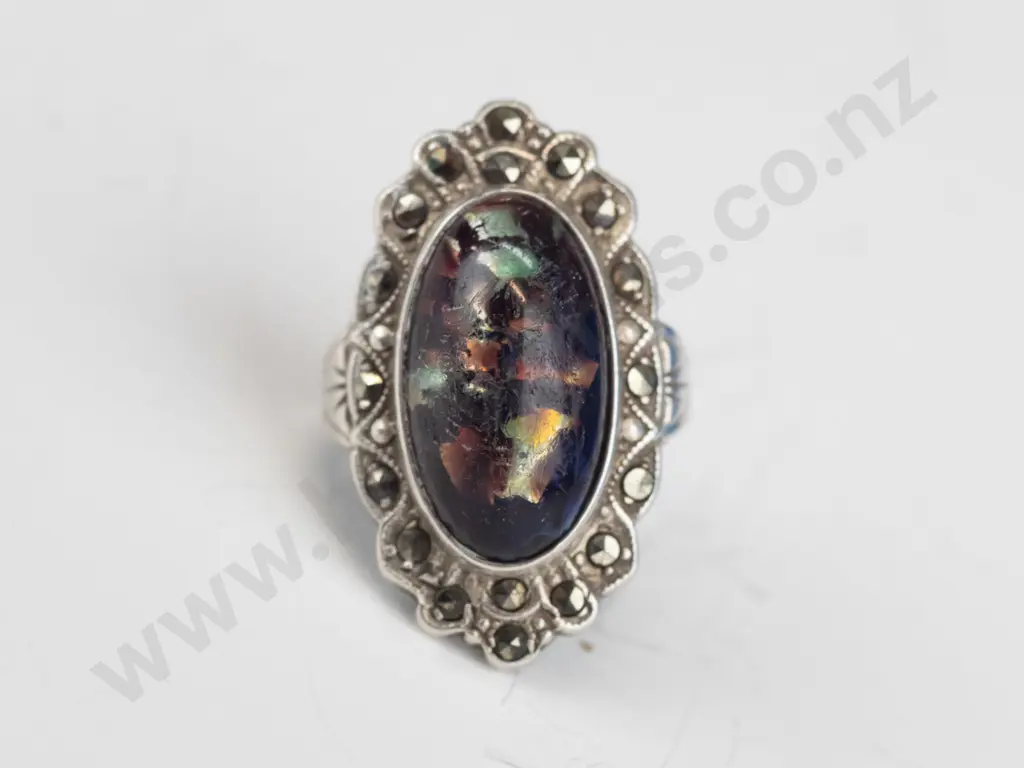 silver dark coloured mottled/marcasite ring stamped sterling Image 1++