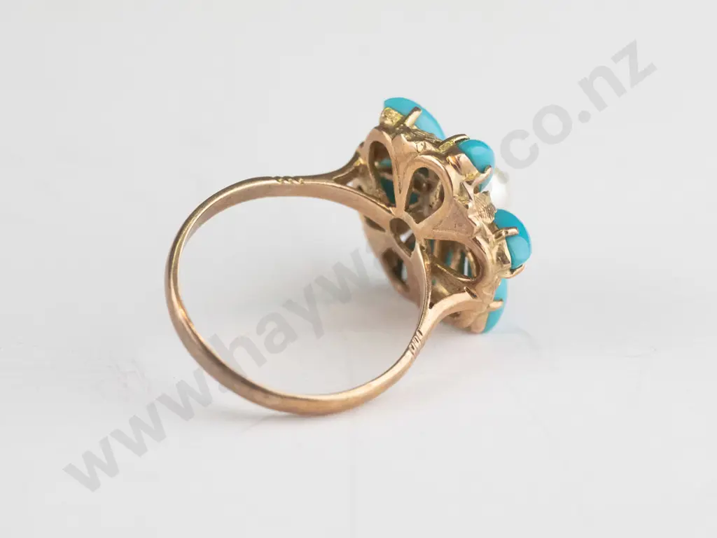 9ct ring 6 marquis turquoise coloured stones & centre pearl 5.9grams Image 1++