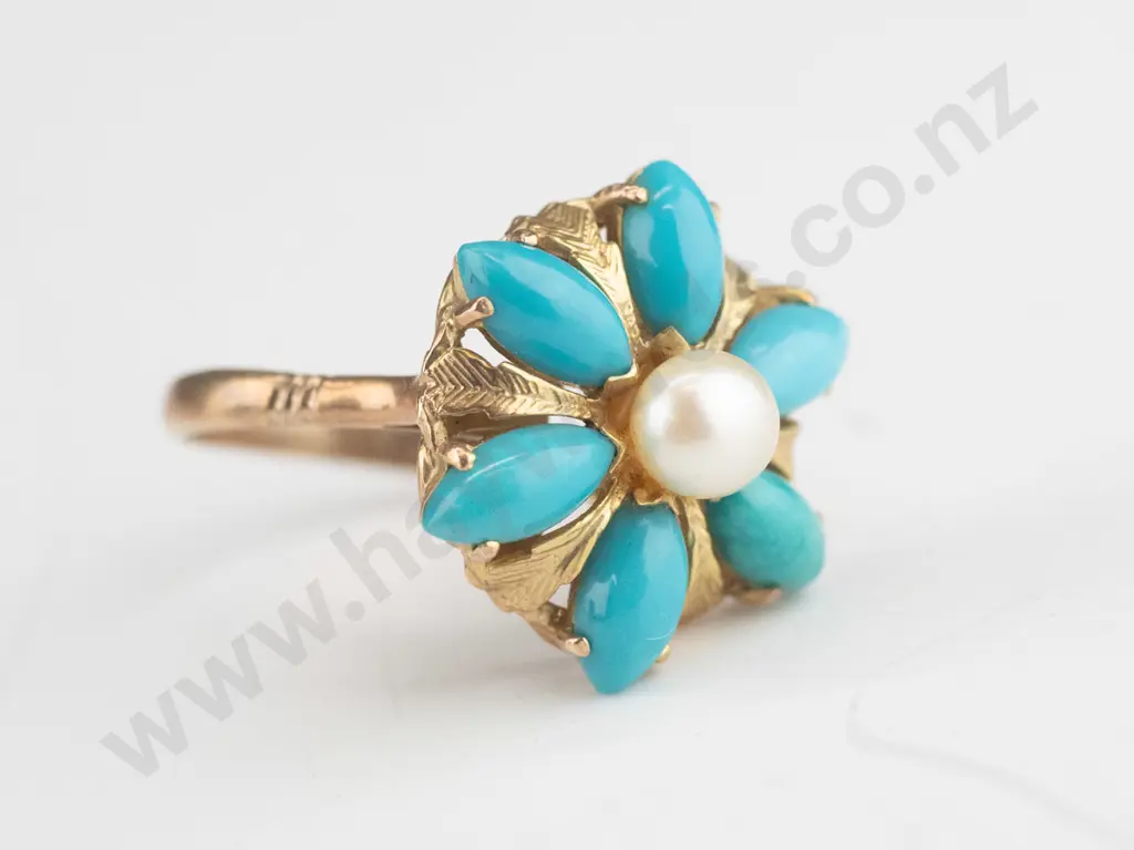 9ct ring 6 marquis turquoise coloured stones & centre pearl 5.9grams Image 1++