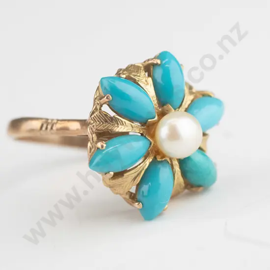 9ct ring 6 marquis turquoise coloured stones & centre pearl 5.9grams