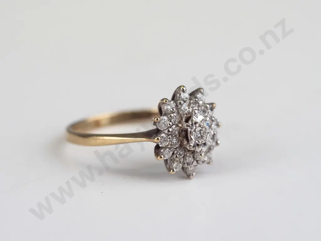 9ct gold diamond cluster ring 2.40grams 1 brilliant cut.015cts - 24 diamonds on 2 lower tiers Image 1++