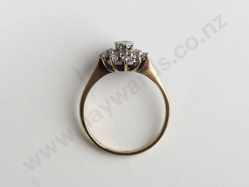 9ct gold diamond cluster ring 2.40grams 1 brilliant cut.015cts - 24 diamonds on 2 lower tiers Image 1++