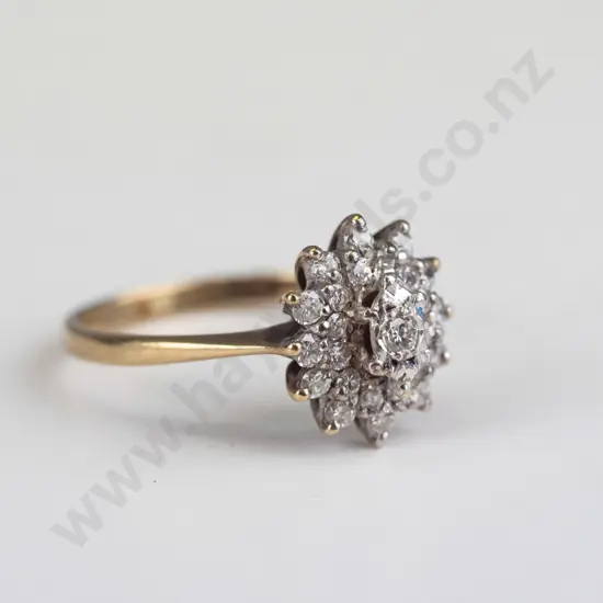 9ct gold diamond cluster ring 2.40grams 1 brilliant cut.015cts - 24 diamonds on 2 lower tiers