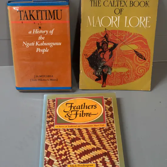 3 books - Feathers and Fibre - Survey of Ttraditional and Contemporary Maori Craft, Caltex book of Maori Lore and