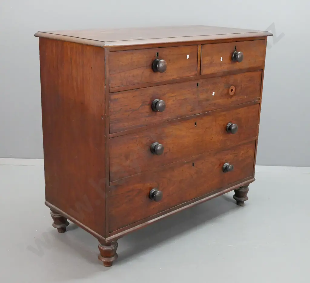 Victorian Australian colonial cedar 5-drawer chest with timber knobs, brass escutcheons, turned short feet. Image 1++