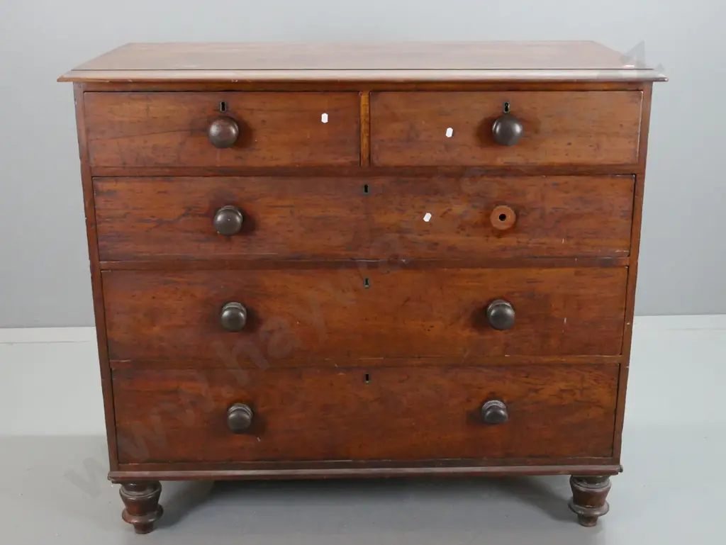 Victorian Australian colonial cedar 5-drawer chest with timber knobs, brass escutcheons, turned short feet. Image 1++