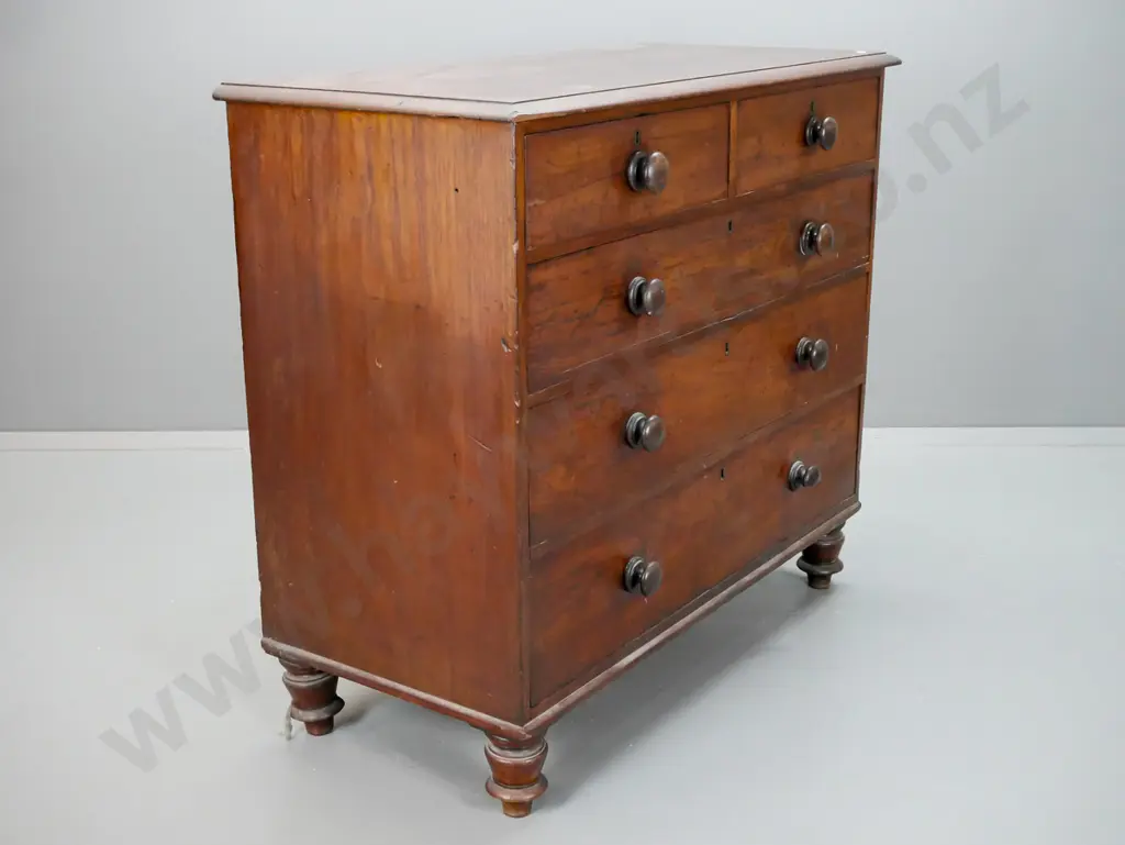 Victorian Australian colonial cedar 5-drawer chest with timber knobs, brass escutcheons, turned short feet. Image 1++