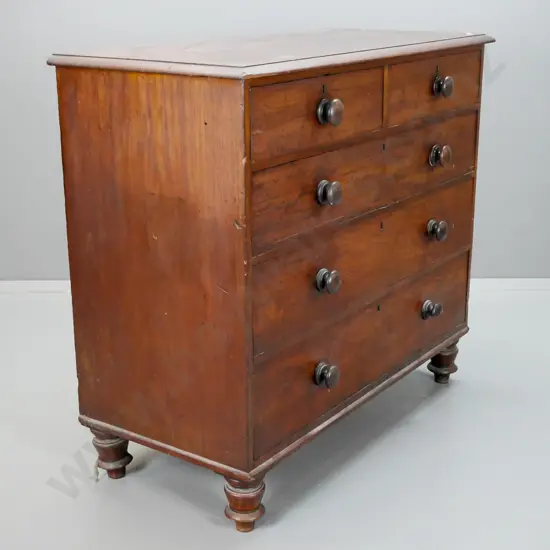 Victorian Australian colonial cedar 5-drawer chest with timber knobs, brass escutcheons, turned short feet.