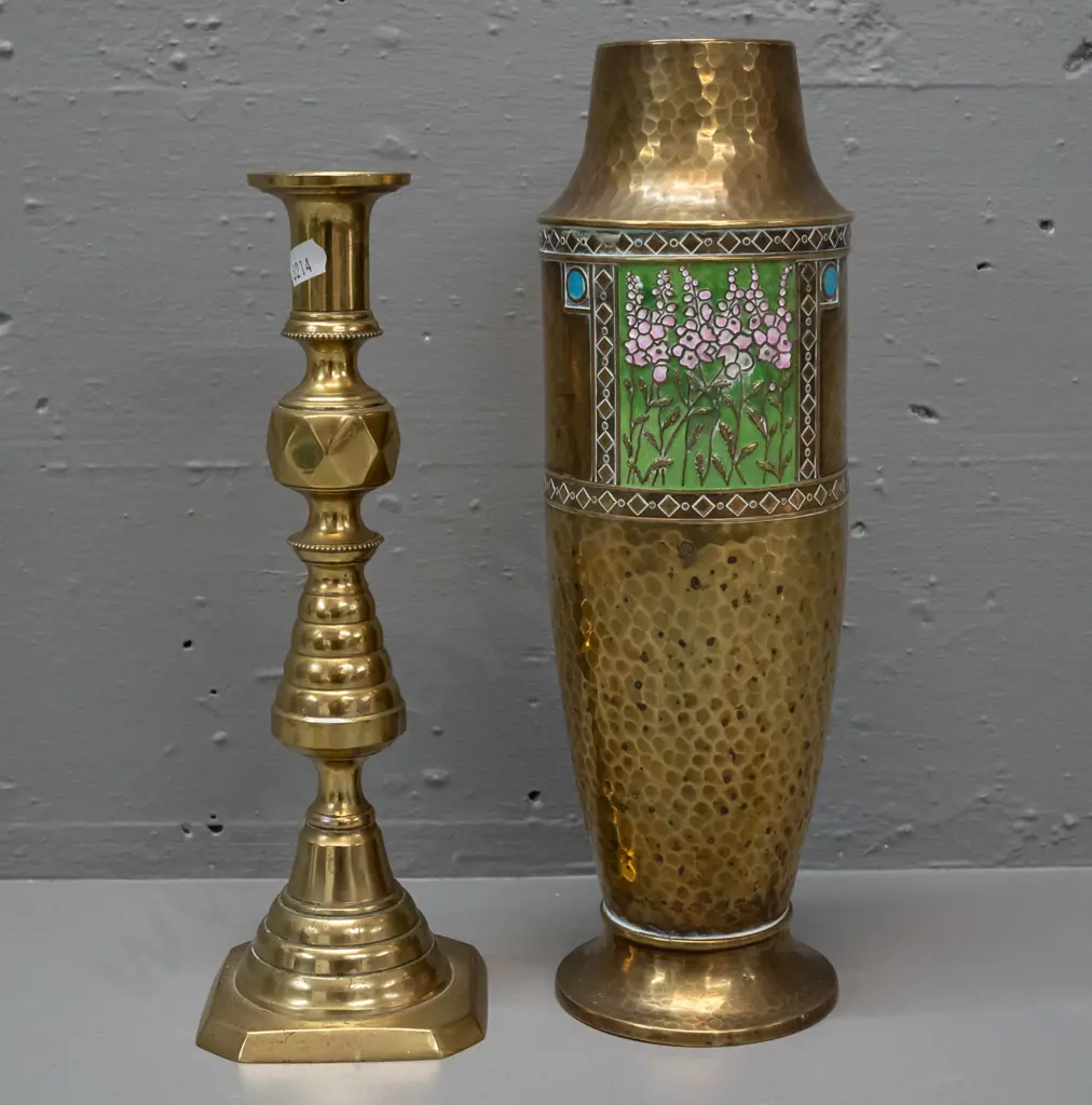vintage beaten brass vase with enamel floral decoration H-315 and a single English brass candlestick Image 1++