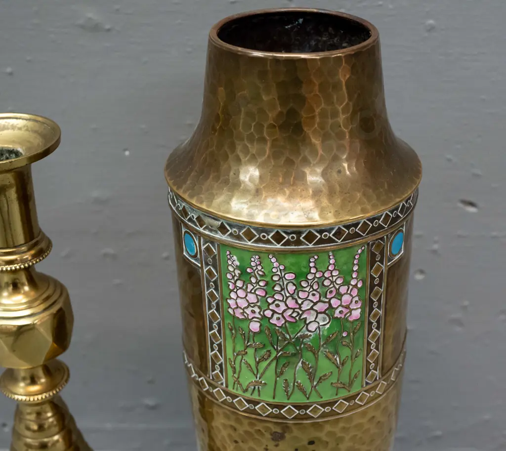vintage beaten brass vase with enamel floral decoration H-315 and a single English brass candlestick Image 1++