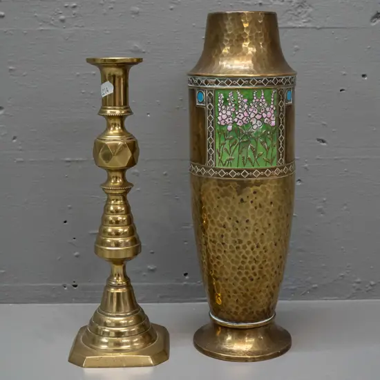 vintage beaten brass vase with enamel floral decoration H-315 and a single English brass candlestick