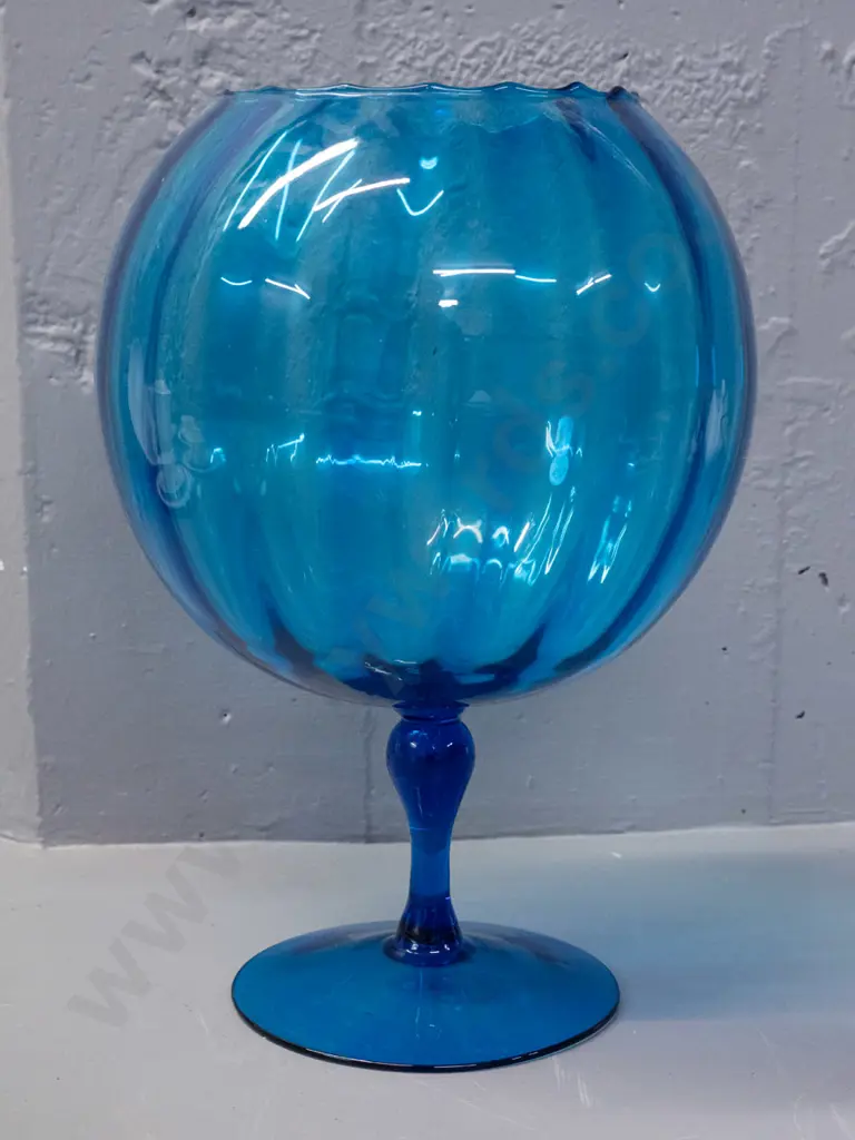 retro large blue glass goblet vase with ribbed bowl H-340 D-210 Image 1++