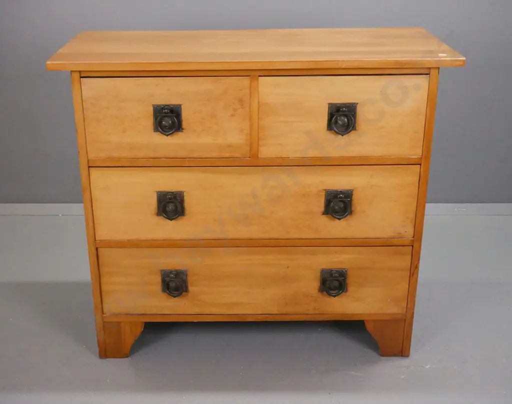vintage rimu 4-drawer chest with nouveau style metal plate & ring handles - some fading and marks, small split to top Image 1++
