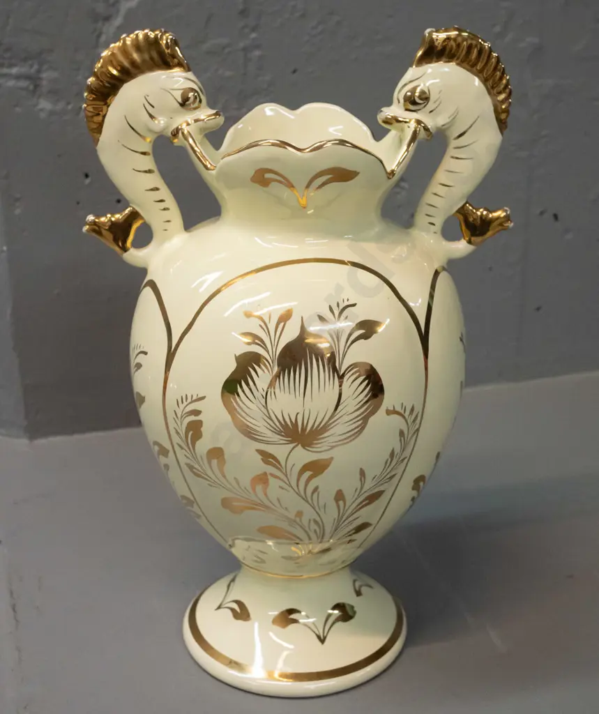 Italian double handled vase with seahorse handles, gilt floral decoration marked V. Carraresi Sesto Fiorentino - some Image 1++