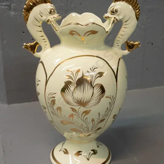 Italian double handled vase with seahorse handles, gilt floral decoration marked V. Carraresi Sesto Fiorentino - some