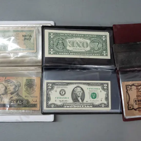 3 bank note collector's wallets - United States, Japan, Indonesia, Venezuela etc.