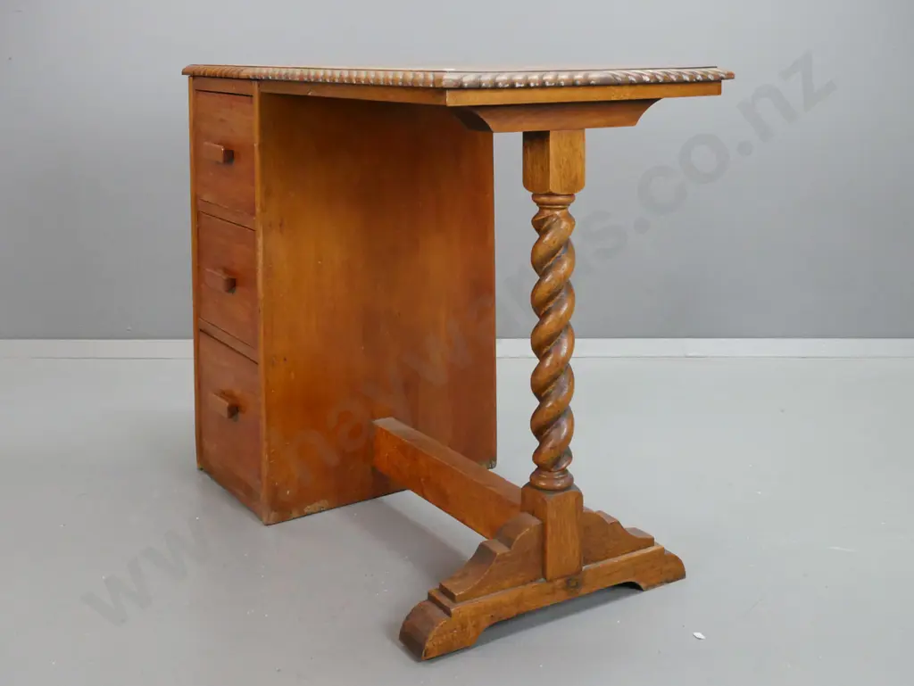 vintage oak and rimu desk made from modifined hall table w/ gadrooned edge top, Jacobean twist end support, pedestal w/ Image 1++