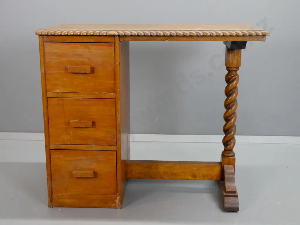 vintage oak and rimu desk made from modifined hall table w/ gadrooned edge top, Jacobean twist end support, pedestal w/ Image 1++