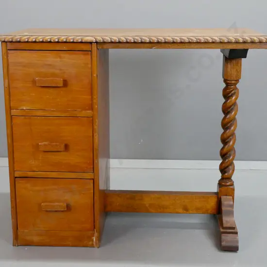 vintage oak and rimu desk made from modifined hall table w/ gadrooned edge top, Jacobean twist end support, pedestal w/