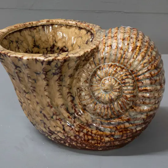 retro brown and gold stipple glaze pottery shell vase - marked 0413 on bottom H-140 L-250
