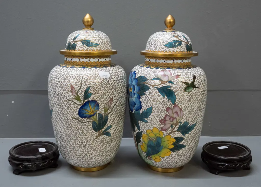 pair of Chinese cloisonne temple jars on carved timber stand - peony & bird motifs, turquoise inner & base H-260 without Image 1++