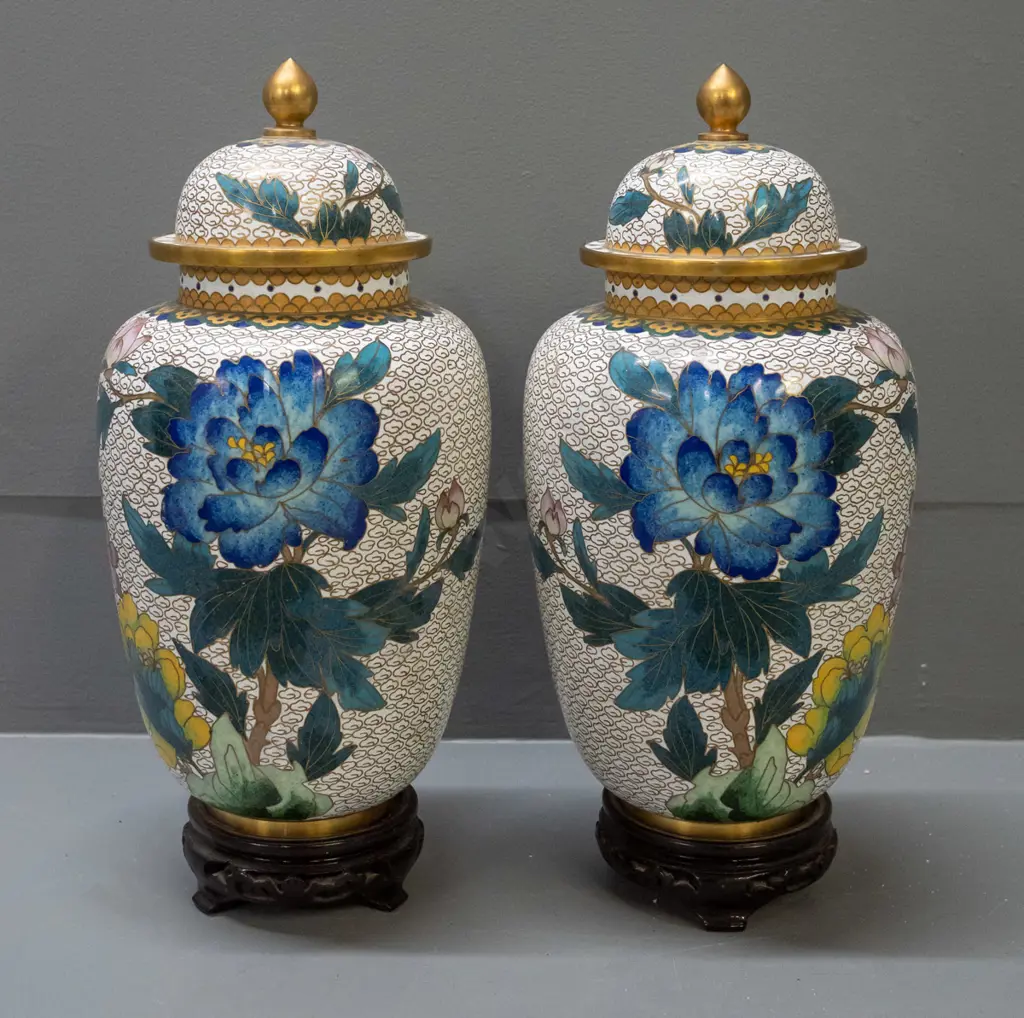 pair of Chinese cloisonne temple jars on carved timber stand - peony & bird motifs, turquoise inner & base H-260 without Image 1++