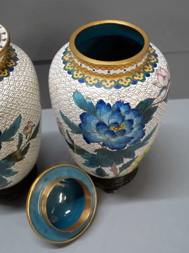pair of Chinese cloisonne temple jars on carved timber stand - peony & bird motifs, turquoise inner & base H-260 without Image 1++