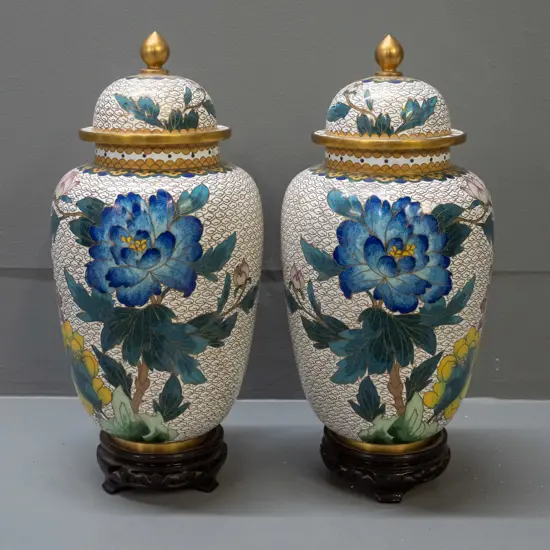 pair of Chinese cloisonne temple jars on carved timber stand - peony & bird motifs, turquoise inner & base H-260 without