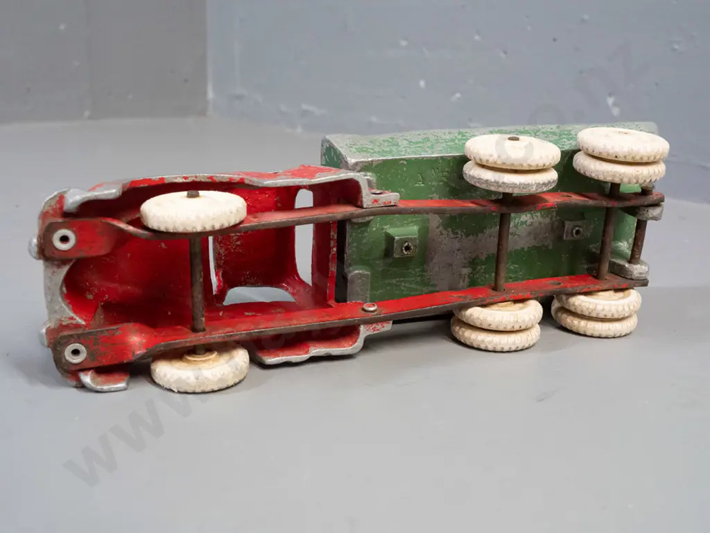 Fun Ho cast metal tip truck with white wheels, marked No. 502 on underside of tray. Paint wear and one door dented Image 1++