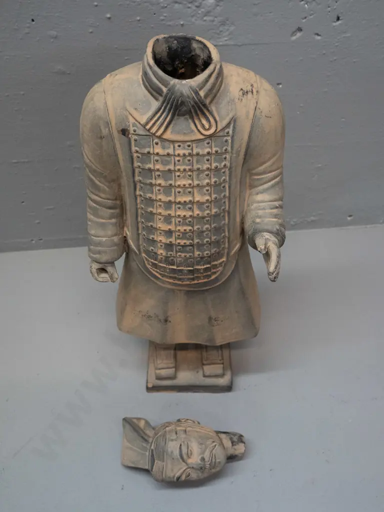 pottery or composite? Chinese warrior figure with patinated terracotta finish, separate head - some rubbing and finish Image 1++