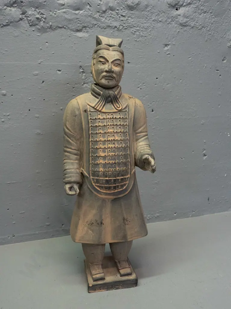 pottery or composite? Chinese warrior figure with patinated terracotta finish, separate head - some rubbing and finish Image 1++