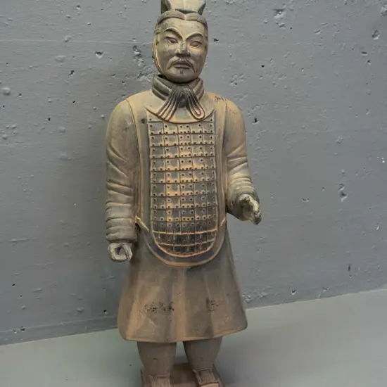 pottery or composite? Chinese warrior figure with patinated terracotta finish, separate head - some rubbing and finish