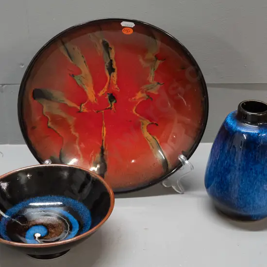 3 pieces of studio pottery: blue & black small bowl w/Nina Davis Nelson sticker & mark, red bowl and a blue & black vase