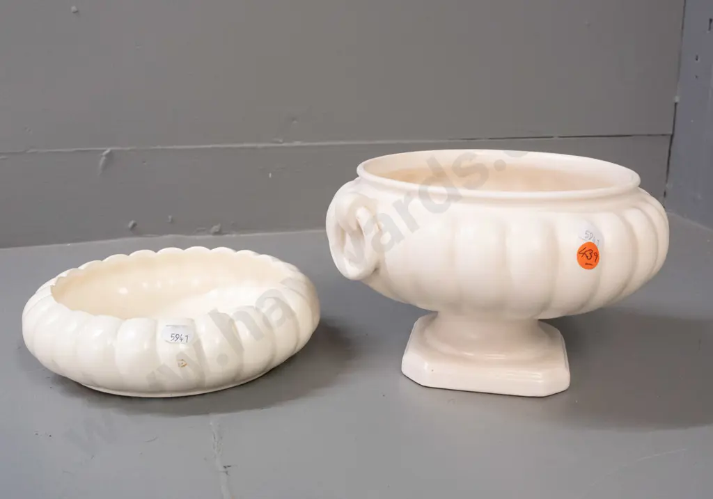 2 cream glaze vases - Crown Lynn float bowl .505. and Shorter & Sons footed urn H-130 W-230. Float bowl has 2 flecks to Image 1++