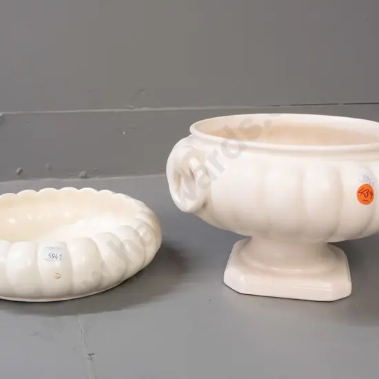 2 cream glaze vases - Crown Lynn float bowl .505. and Shorter & Sons footed urn H-130 W-230. Float bowl has 2 flecks to