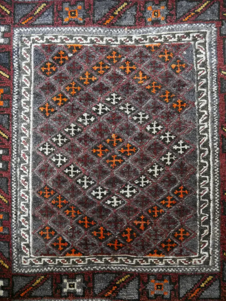 hand knotted wool Persian style runner - geometric panels and borders - dark red, blue saffron, ivory L-2840 W-570 Image 1++