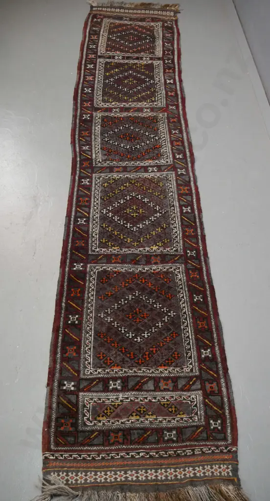 hand knotted wool Persian style runner - geometric panels and borders - dark red, blue saffron, ivory L-2840 W-570 Image 1++