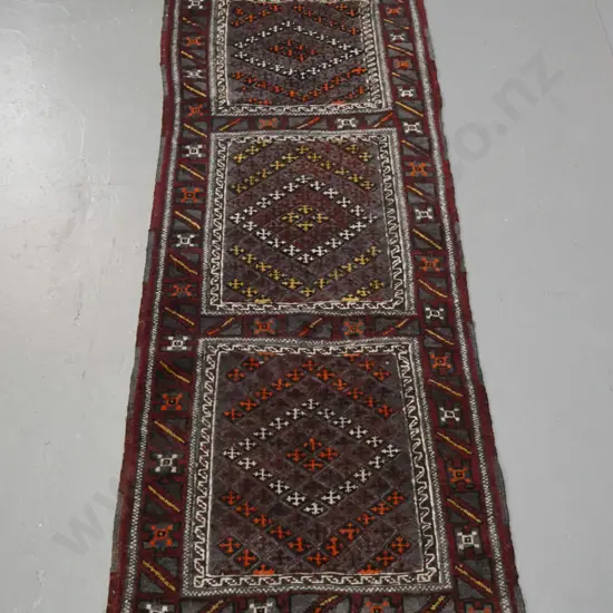 hand knotted wool Persian style runner - geometric panels and borders - dark red, blue saffron, ivory L-2840 W-570