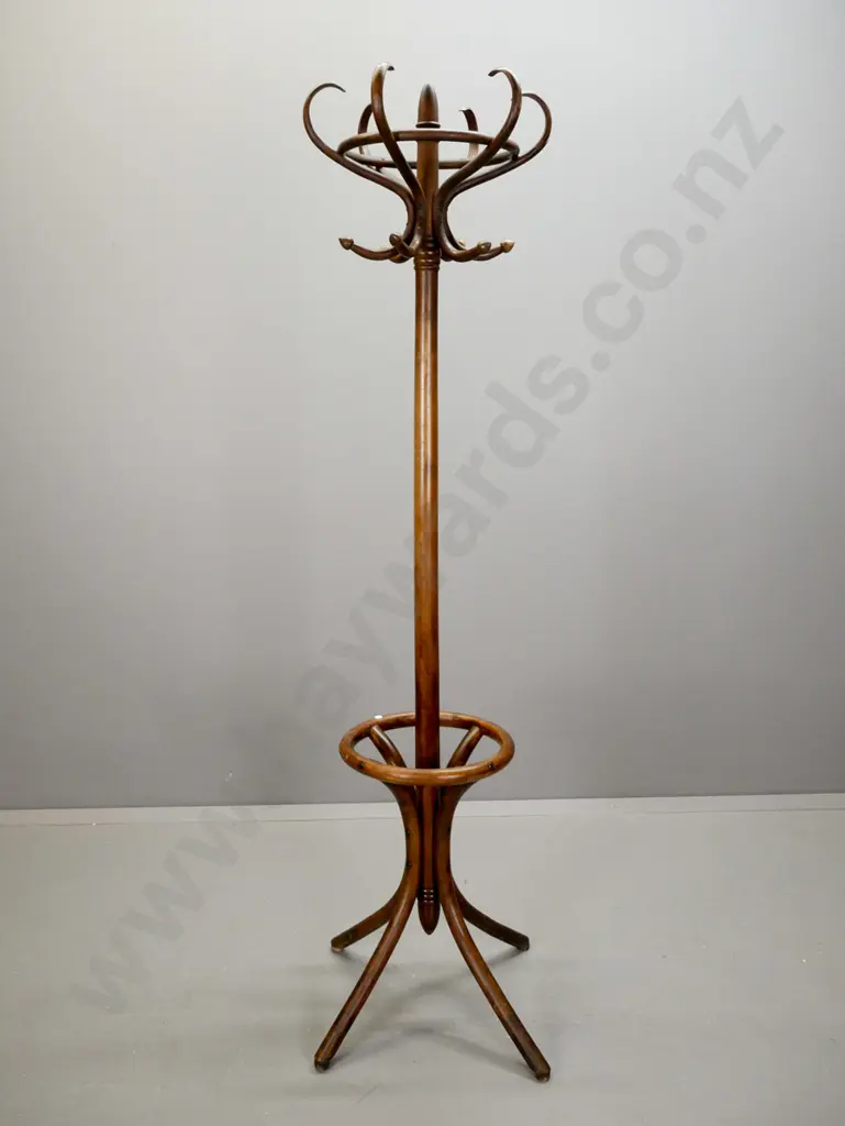 vintage oak and beech bent wood hat & coat stand with 5 hooks, hoop around base - some minor splitting H-1980 Image 1++