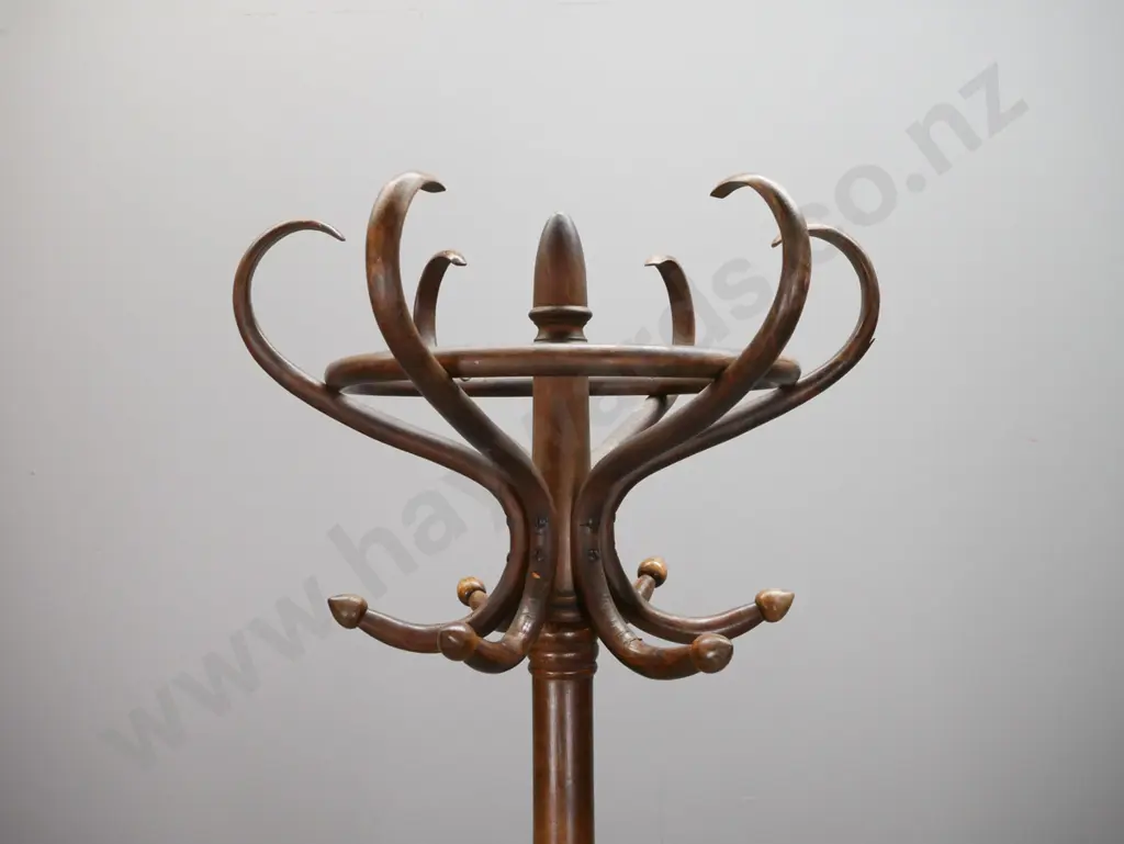 vintage oak and beech bent wood hat & coat stand with 5 hooks, hoop around base - some minor splitting H-1980 Image 1++