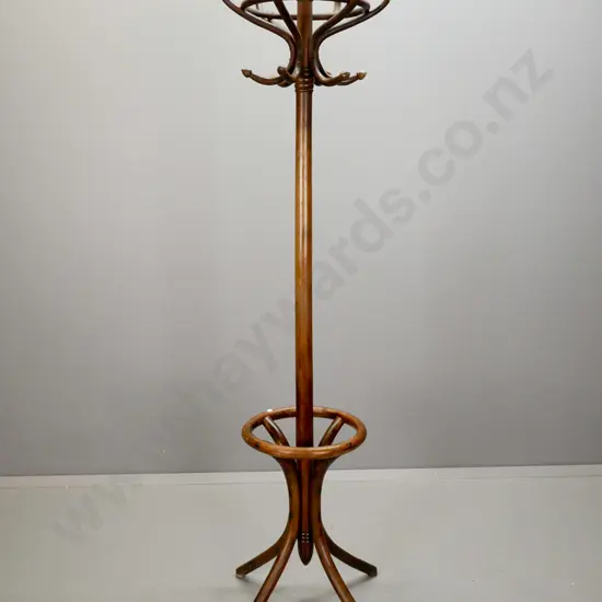 vintage oak and beech bent wood hat & coat stand with 5 hooks, hoop around base - some minor splitting H-1980