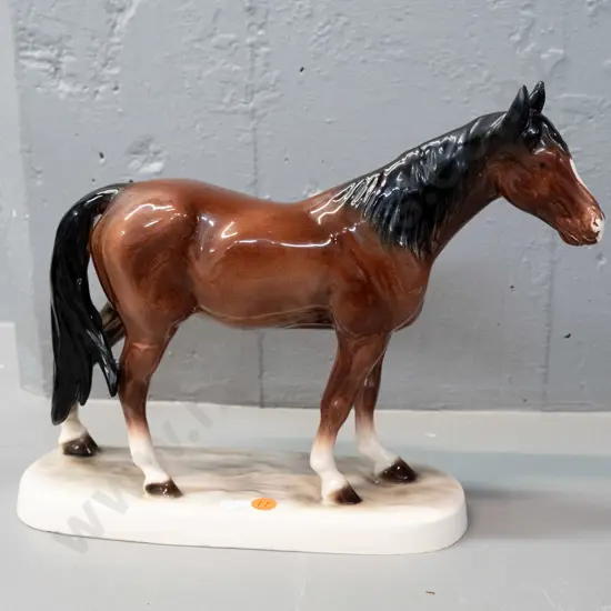Hertwig German pottery horse figure - small glaze fleck to lip area and a few white spots on body H-245 L-280