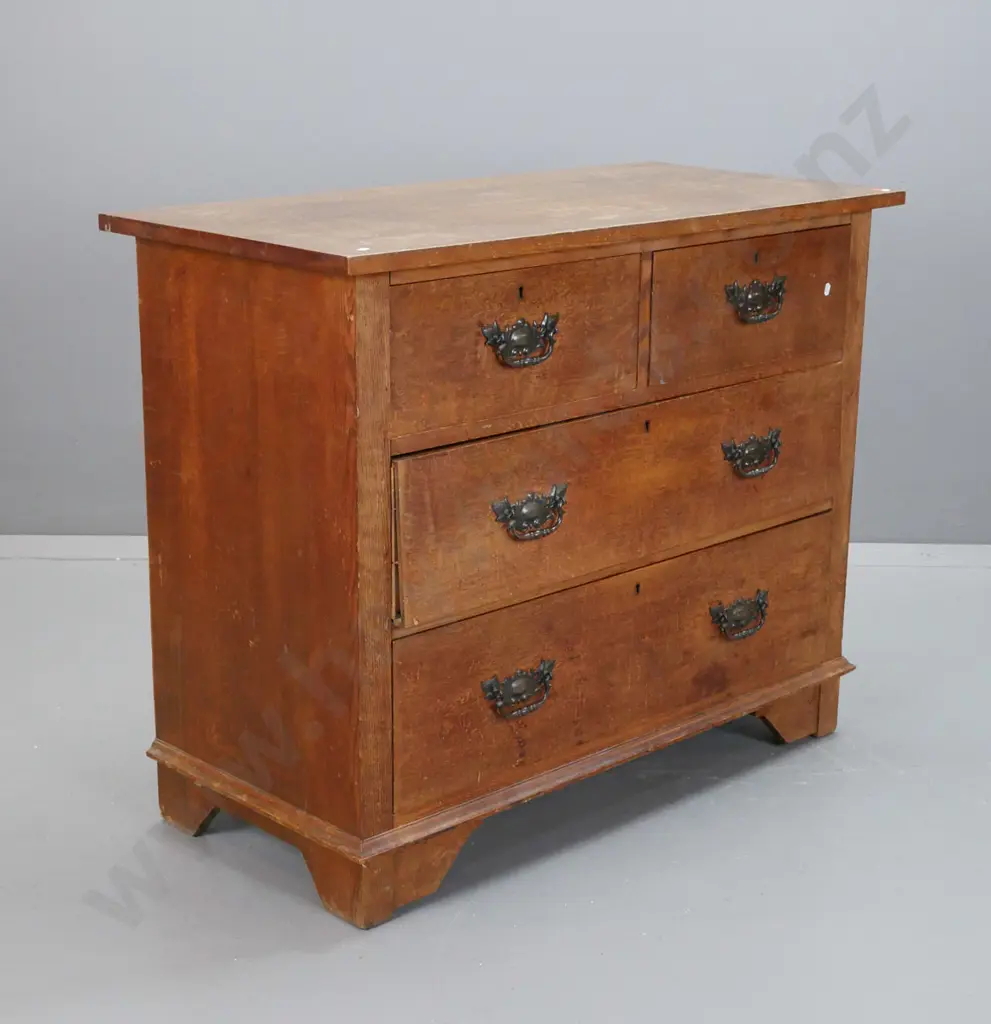 vintage oak 3-drawer chest with pressed metal handles, one missing brass lock, holes in top where original mirror-back Image 1++