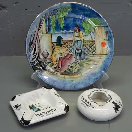 Grimwades Glimpses of the East cabinet plate D-250 and 2 Black & White whisky ashtrays made by James Green & Nephew